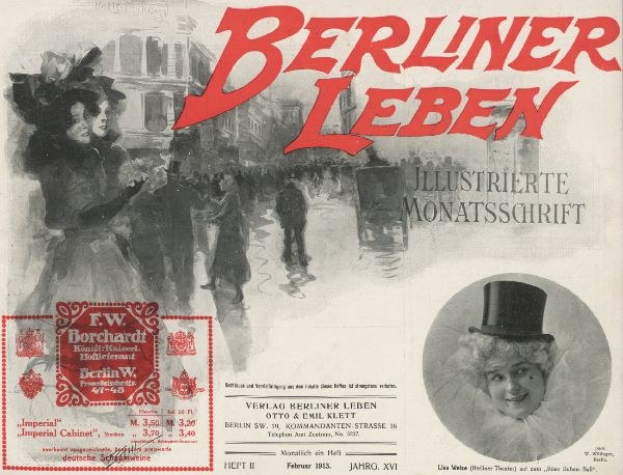 Advertisement for Berliner Leben Theatre featuring a woman in a top hat and a man in a suit, with text, a stamp, people, and buildings in the background.