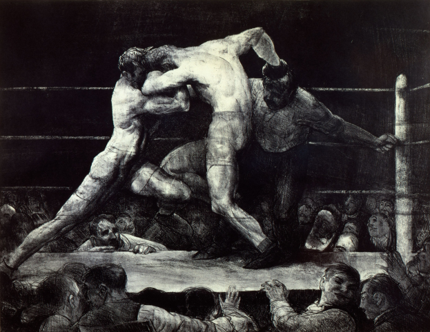 Schwarze und weiße Zeichnung von zwei Boxern in einem Ring, einer schlägt den anderen, mit einer jubelnden Menge drumherum.