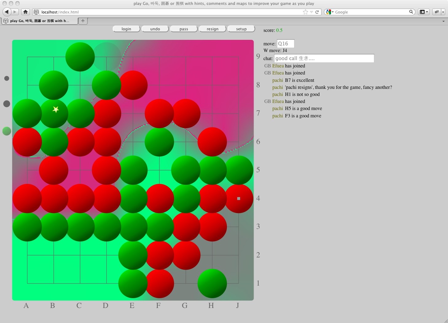 A computer screen displaying a game of Go with a grid of red and green circles.