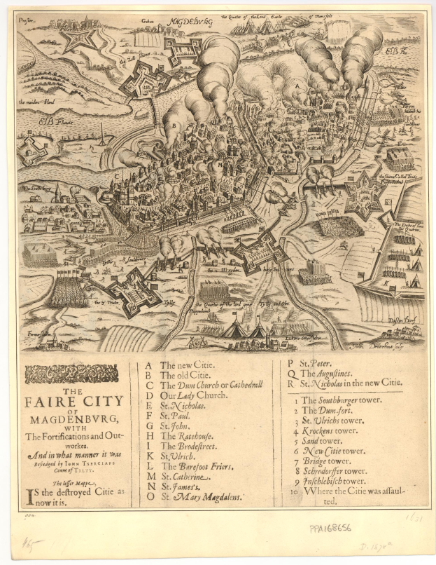 Ein detaillierter alter Stadtplan von Magdeburg, Deutschland, der Straßen, Gebäude, Sehenswürdigkeiten und Text enthält, der Informationen über die Bevölkerung und bekannte Orte bietet.