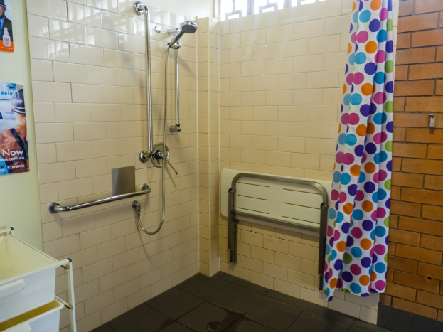 Ein barrierefreies Badezimmer mit einer Dusche mit Haltegriffen, einem Vorhang, einer Wand mit Postern, einem St├Ąnder mit Tablett und einem Fenster.