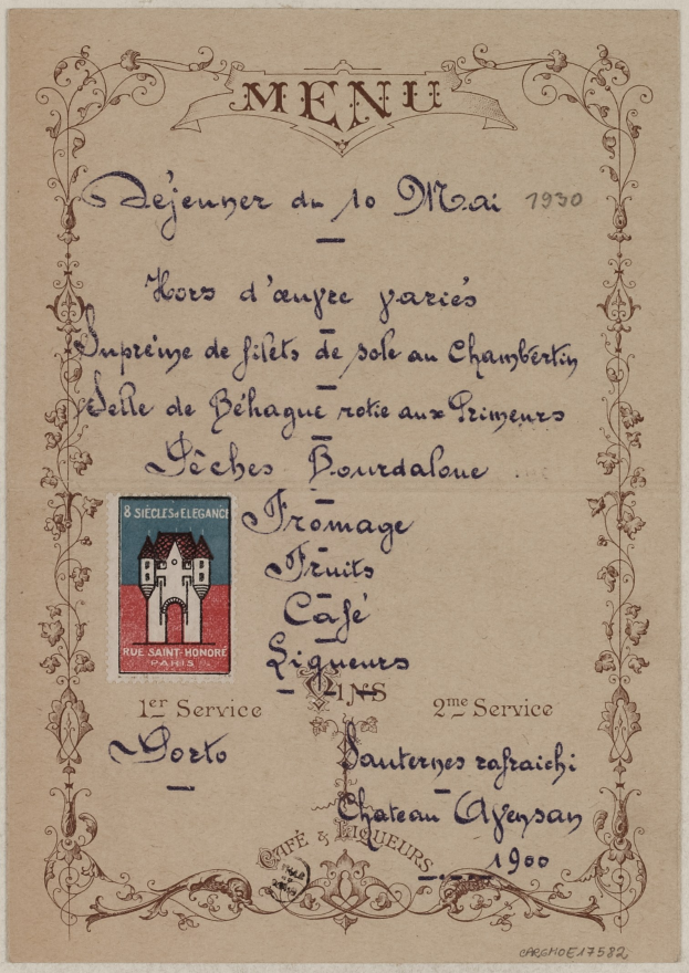 Vintage-Menükarte mit Haus-Illustration, Text und Stempel