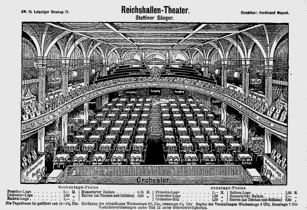Eine Schwarz-Weiß-Zeichnung des Reichshallen-Theaters in Berlin, Deutschland, die den Zuschauerraum mit Sitzreihen, Säulen und einer Decke zeigt, mit Text am unteren Rand.