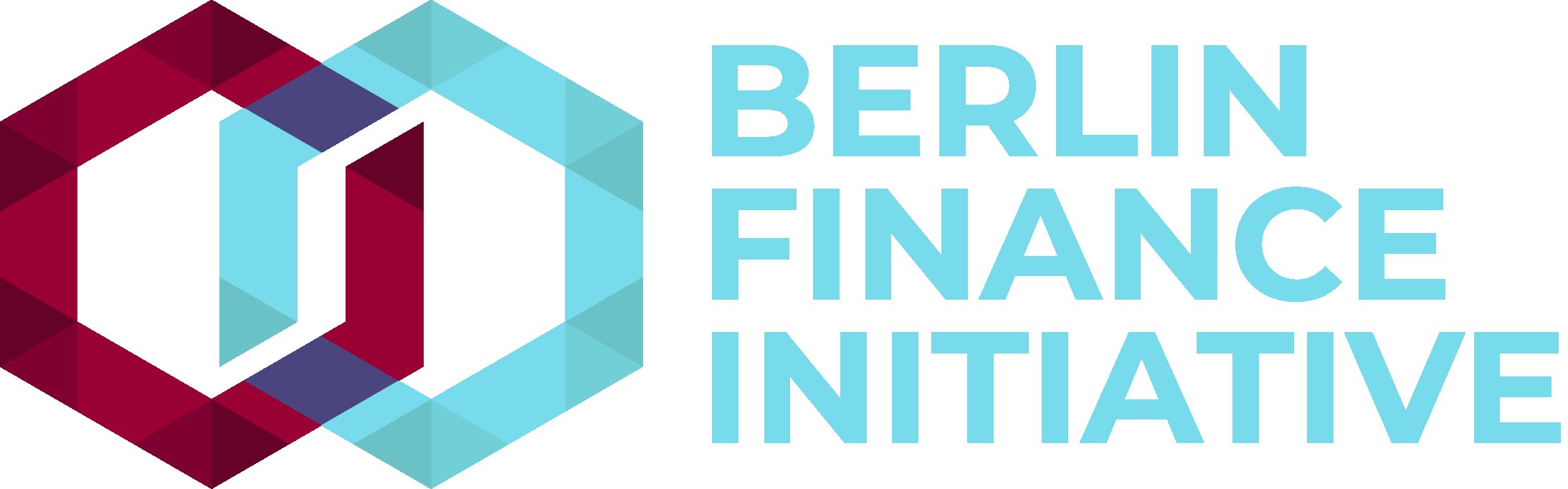 Logo der Berliner Finanzinitiative mit einem blauen Kreis mit weißer Umrandung und einem weißen "B" in der Mitte, vor einem weißen Hintergrund mit der schwarzen, fetten Schrift "Berlin Finance Initiative", umgeben von einem weißen Ring mit blau-weißem Karomuster.
