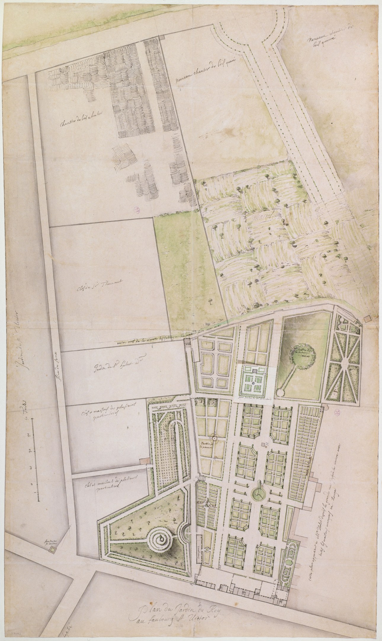 Ausführlicher Stadtplan auf Papier mit Gebäuden, Bäumen, Straßen, Parks und Sehenswürdigkeiten mit begleitendem Text.