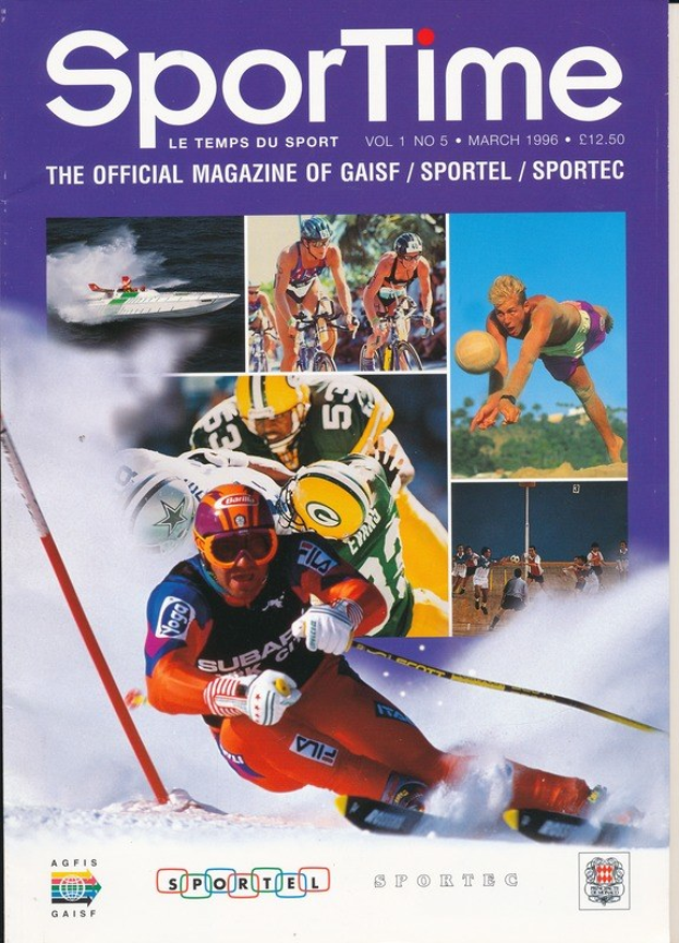 Cover of *Sporttime Magazine* (March 1996) featuring skiing and snowboarding imagery with text and logos.