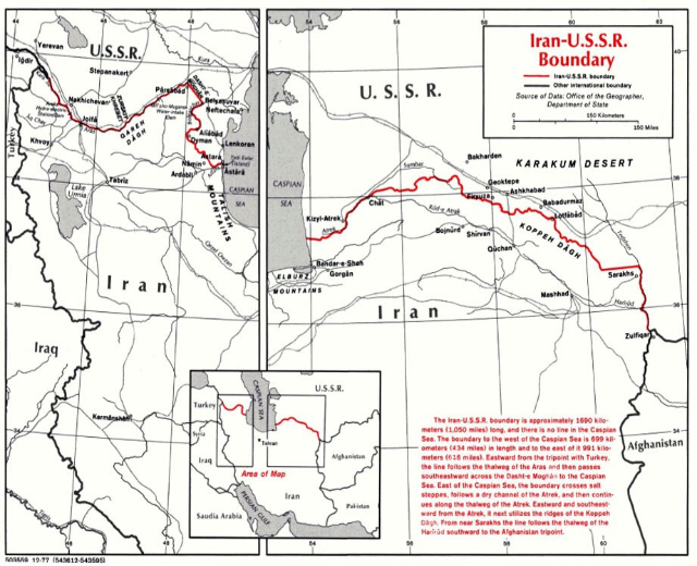Detailed map of the Iranian-USSR boundary showing countries, borders, geographical features, and additional text information.